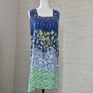 Boho Mixed Print Shift Dress XL┃ Embellished Gemstone Summer Festival Midi